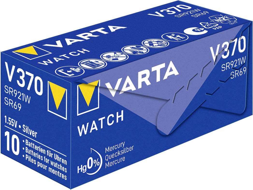 Piles bouton 'VARTA V370' pour montres, 1,55V, argent, sans mercure. L'emballage présente une image de la pile bouton, contenant 10 pièces.