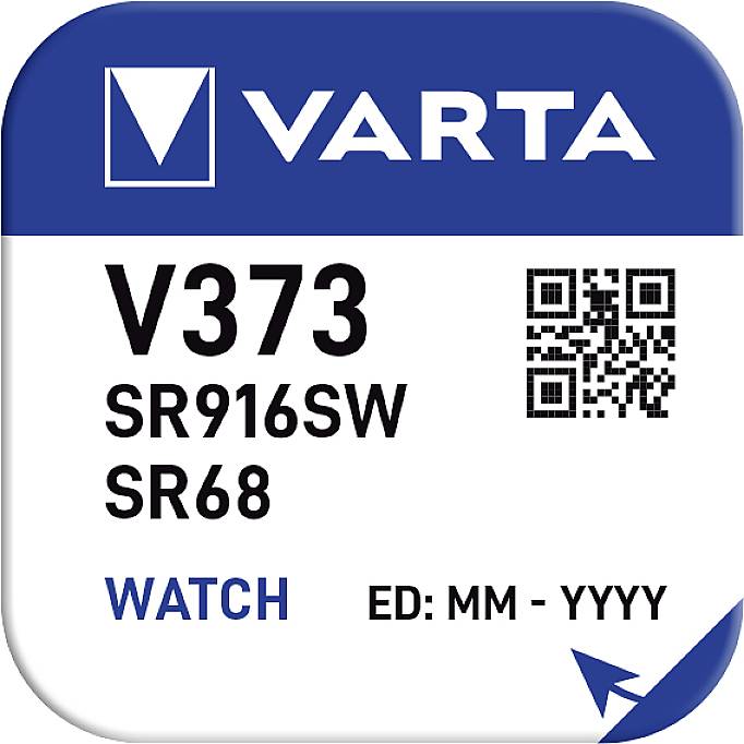 Emballage de pile 'VARTA' montrant le modèle V373, type SR916SW/SR68, pour montres, date d'expiration MM-AAAA, code QR en haut à droite.
