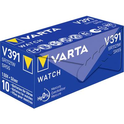 Pile bouton 'VARTA WATCH V391', 1,55V Argent, lot de 10, présente des symboles pour types de piles, contient un marquage de mercure 'Hg 0%'.