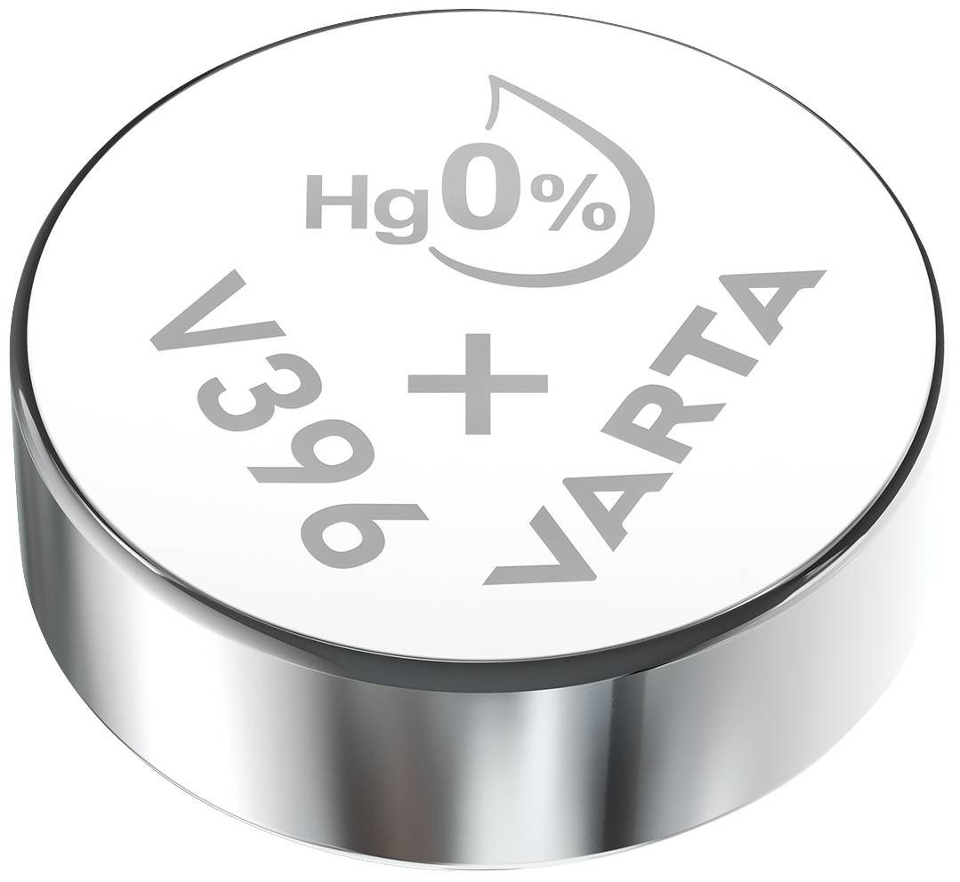 Pile bouton portant l'inscription 'VARTA V396' et 'Hg 0%', symbolisant une pile sans mercure.