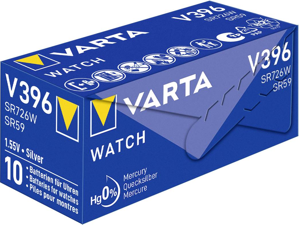 Un emballage bleu Varta pour piles de montre, modèle V396, avec les spécifications : SR726W, SR59, 1,55V, argent, sans mercure.