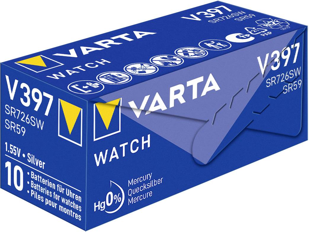 Pile bouton 'VARTA V397' pour montre, 1,55V, sans mercure, type SR726SW, lot de 10 pièces dans un emballage bleu.