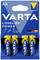 Quatre piles alcalines AA de la marque VARTA dans un emballage. Étiquetage 'LONGLIFE POWER', fabriquées en Allemagne.