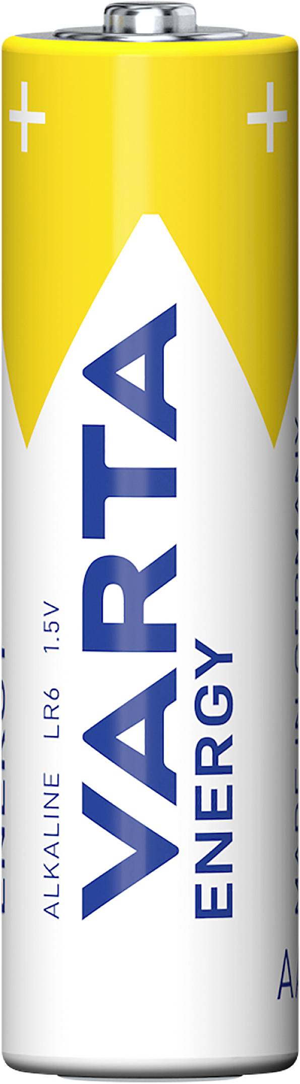 'VARTA ENERGY' Pile Alcaline Taille AA. Design jaune et blanc avec des inscriptions bleues. Tension : 1,5V.