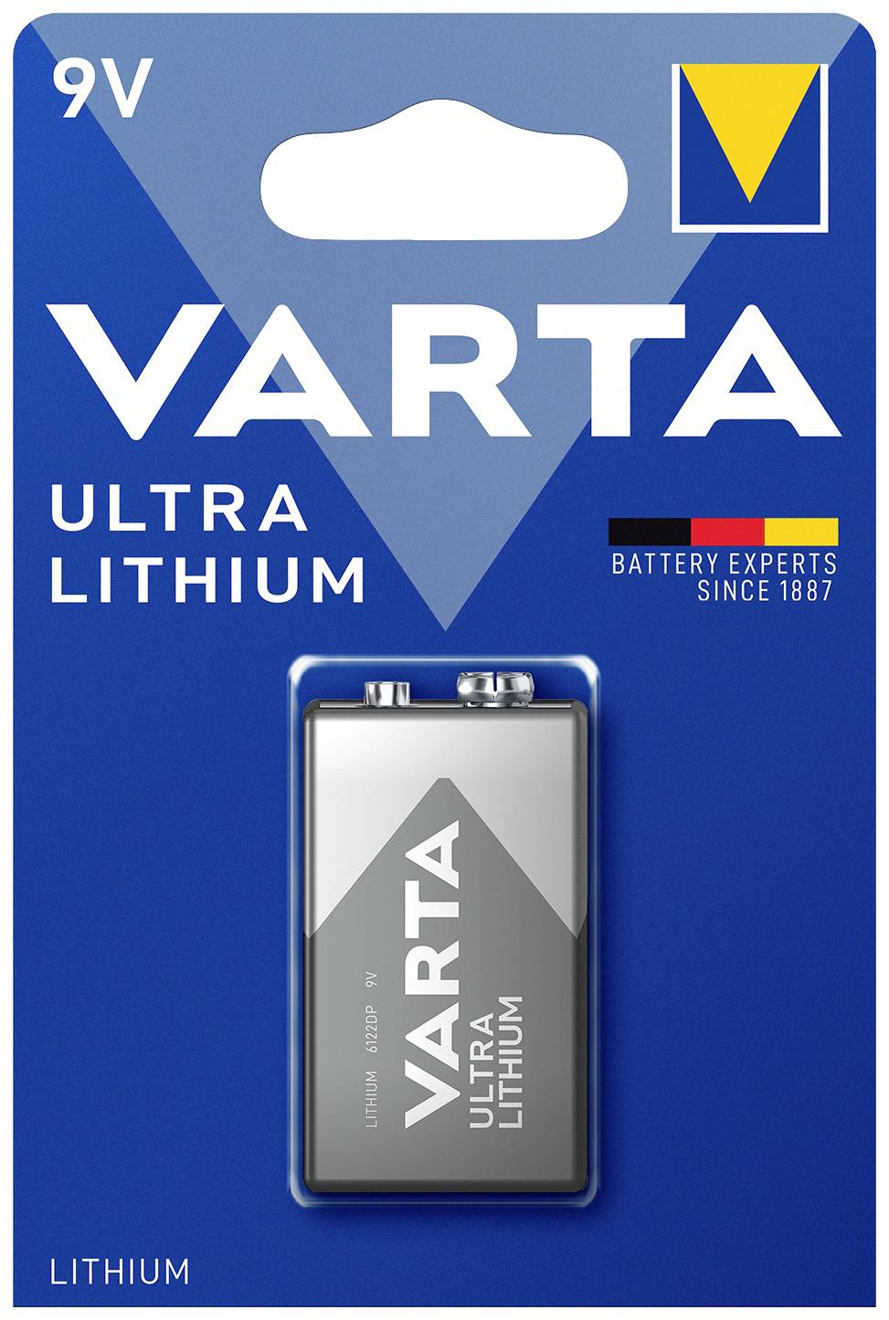 Emballage d'une pile Lithium Ultra 9V VARTA. Contient le logo de l'entreprise et le slogan 'Experts en piles depuis 1887'.