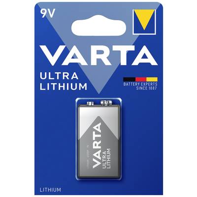 Emballage d'une pile Lithium Ultra 9V VARTA. Contient le logo de l'entreprise et le slogan 'Experts en piles depuis 1887'.