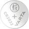 Pile bouton en argent avec l'inscription 'CR2032', '+' et 'VARTA'. En haut, un symbole indiquant la manipulation en toute sécurité.