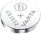 Pile bouton ronde avec l'inscription 'CR2032' et 'VARTA'. En haut se trouve un symbole représentant un adulte et un enfant.