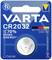 Blister avec une pile bouton lithium Varta, type CR2032. Texte : « Jusqu'à 70 % plus d'énergie », « Sécurité enfant ».