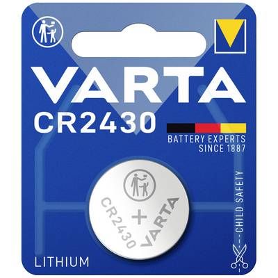 Emballage d'une pile bouton lithium VARTA CR2430 avec dispositif de sécurité enfant. Contient des informations de sécurité et de marque.