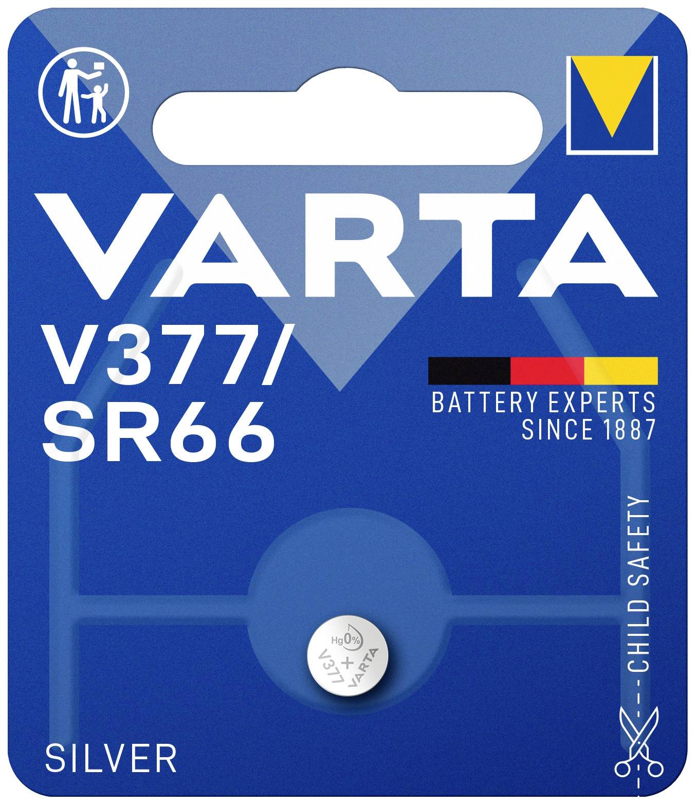 Pile bouton VARTA V377/SR66, emballage de couleur argentée, avec dispositif de sécurité enfant, convenant aux montres et petits appareils.