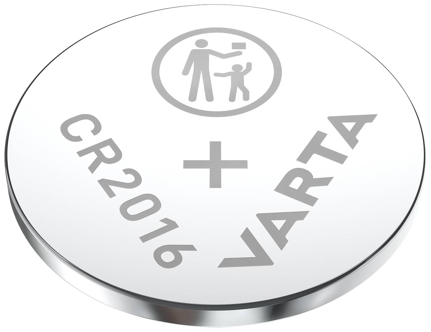 Pile bouton argentée de la marque VARTA, modèle CR2016. Un symbole de batterie et un avertissement sous forme de symbole de poubelle barré y sont représentés.