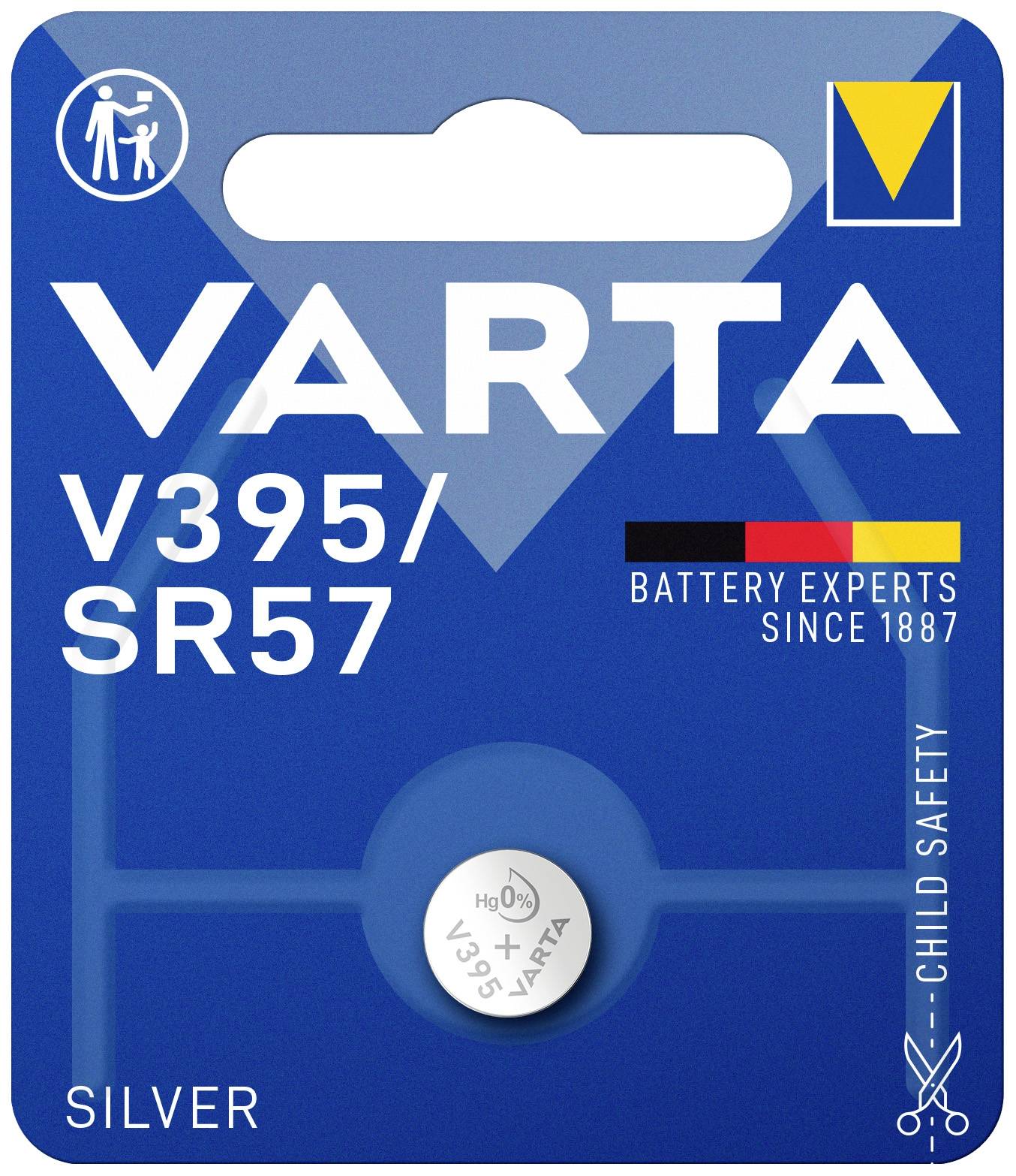 Blisterverpackung für VARTA-Batterie, Modell V395/SR57. Text: <br>'Experts en piles depuis 1887', 'Sécurité enfant', 'Argent'.