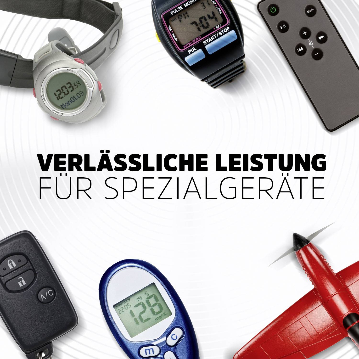 Montre-bracelet, télécommande, clé de contact automobile, glucomètre, modèle réduit d'avion. Texte : 'Performance fiable pour des appareils spécialisés'.