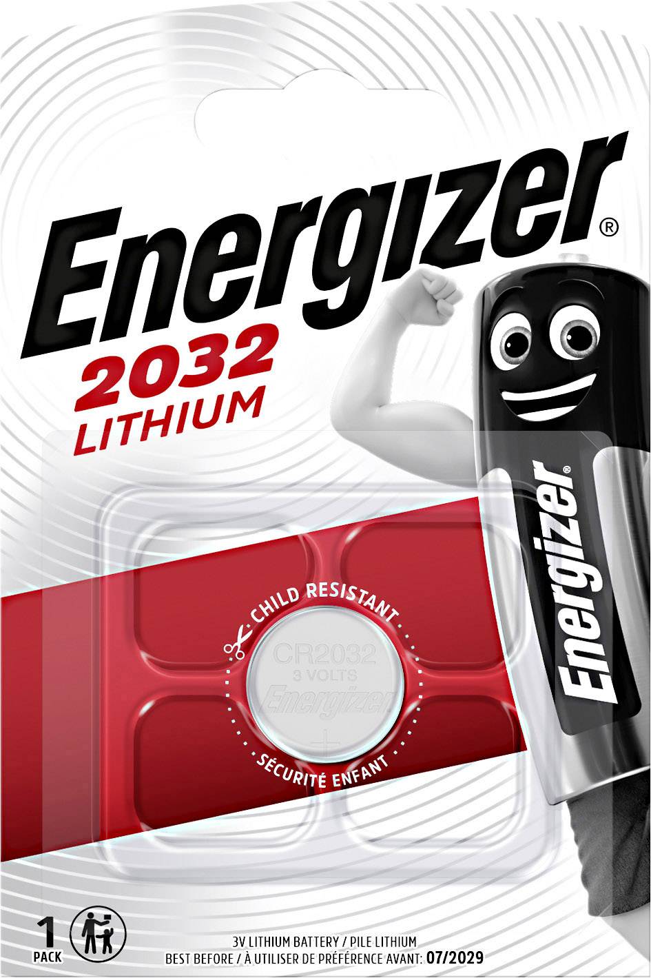 Emballage de pile 'Energizer 2032 Lithium', montrant une pile argentée dans un emballage rouge, avec le texte 'Résistant aux enfants'.