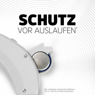 'Protection contre les fuites.' Un couvercle gris pour appareil avec une batterie visible en dessous. Texte en astérisque : 'Avec des batteries complètement installées, jusqu'à 1 semaine à température ambiante.'