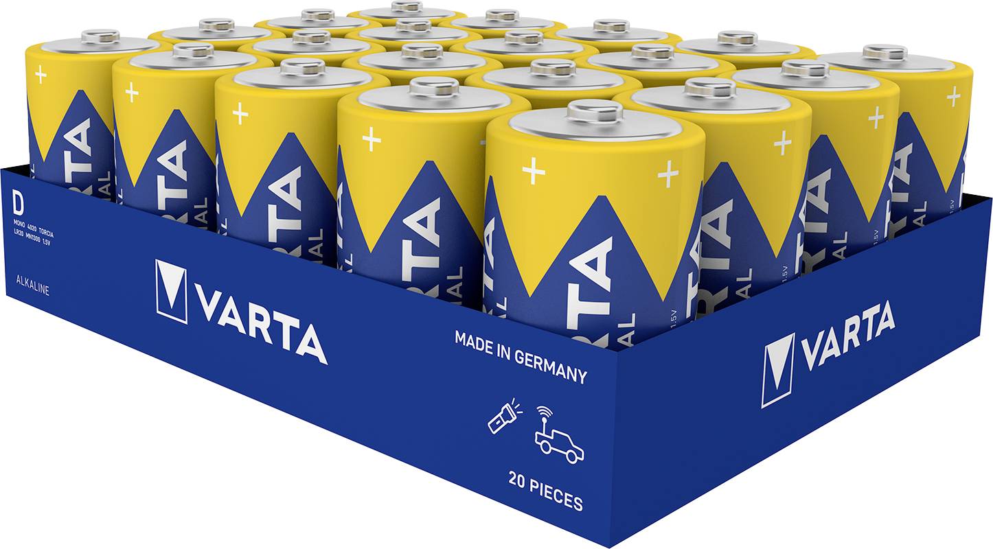 Carton de 20 piles alcalines D jaunes VARTA, avec symbole stylisé d'énergie et de véhicule. Fabriqué en Allemagne.