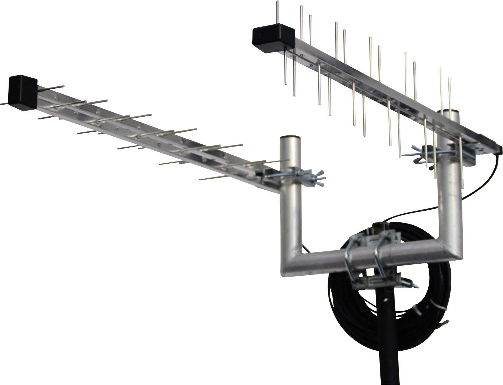 Une antenne Yagi avec des éléments métalliques, montée sur un mât, pour la réception de signaux radio. Un câble est visible en arrière-plan.