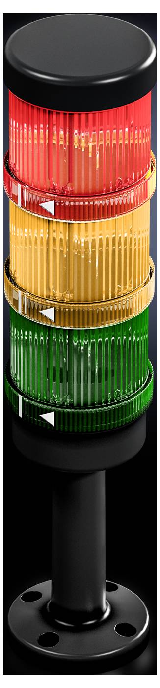 Indicateur lumineux à trois feux : Rouge en haut, Jaune au milieu, Vert en bas. Indique l'état du système ou de la machine.