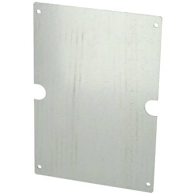 Plaque métallique de forme rectangulaire avec quatre trous aux coins. Elle présente deux découpes latérales au centre pour la fixation.