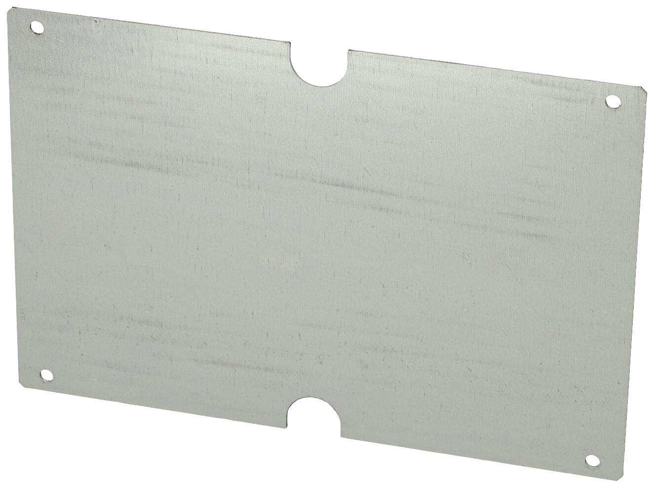 Une plaque métallique rectangulaire aux coins arrondis avec de petits trous aux angles.