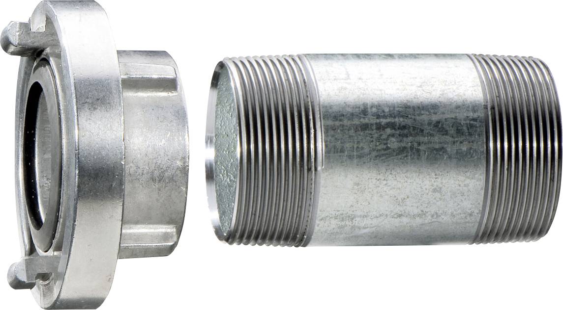 Raccord de tuyauterie métallique montré en deux moitiés, avec un connecteur à bride à gauche et un connecteur filetré à droite sur fond blanc.