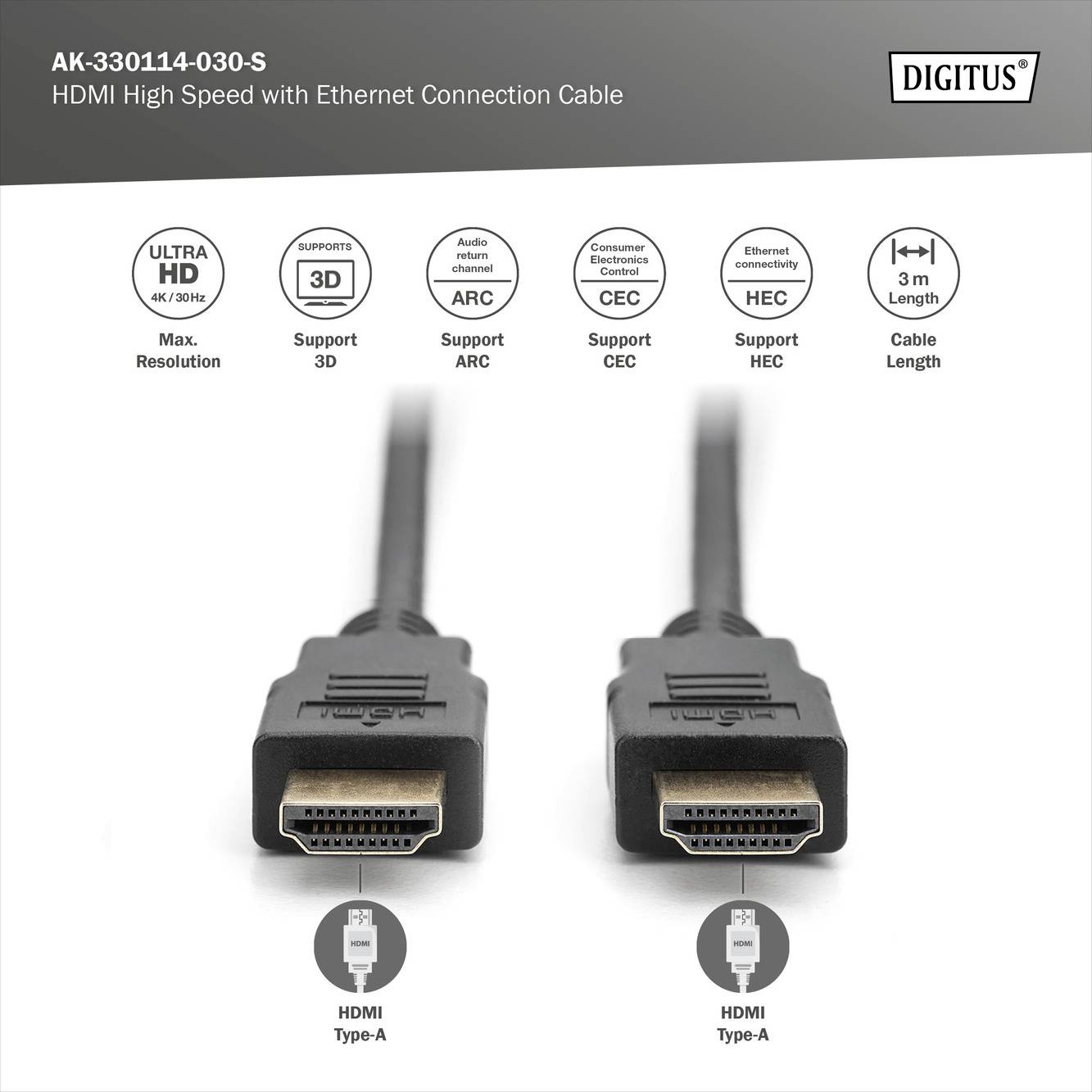 'Câble HDMI avec Ethernet, longueur de 3 m, prend en charge 4K/3D, ARC, CEC, HEC.'