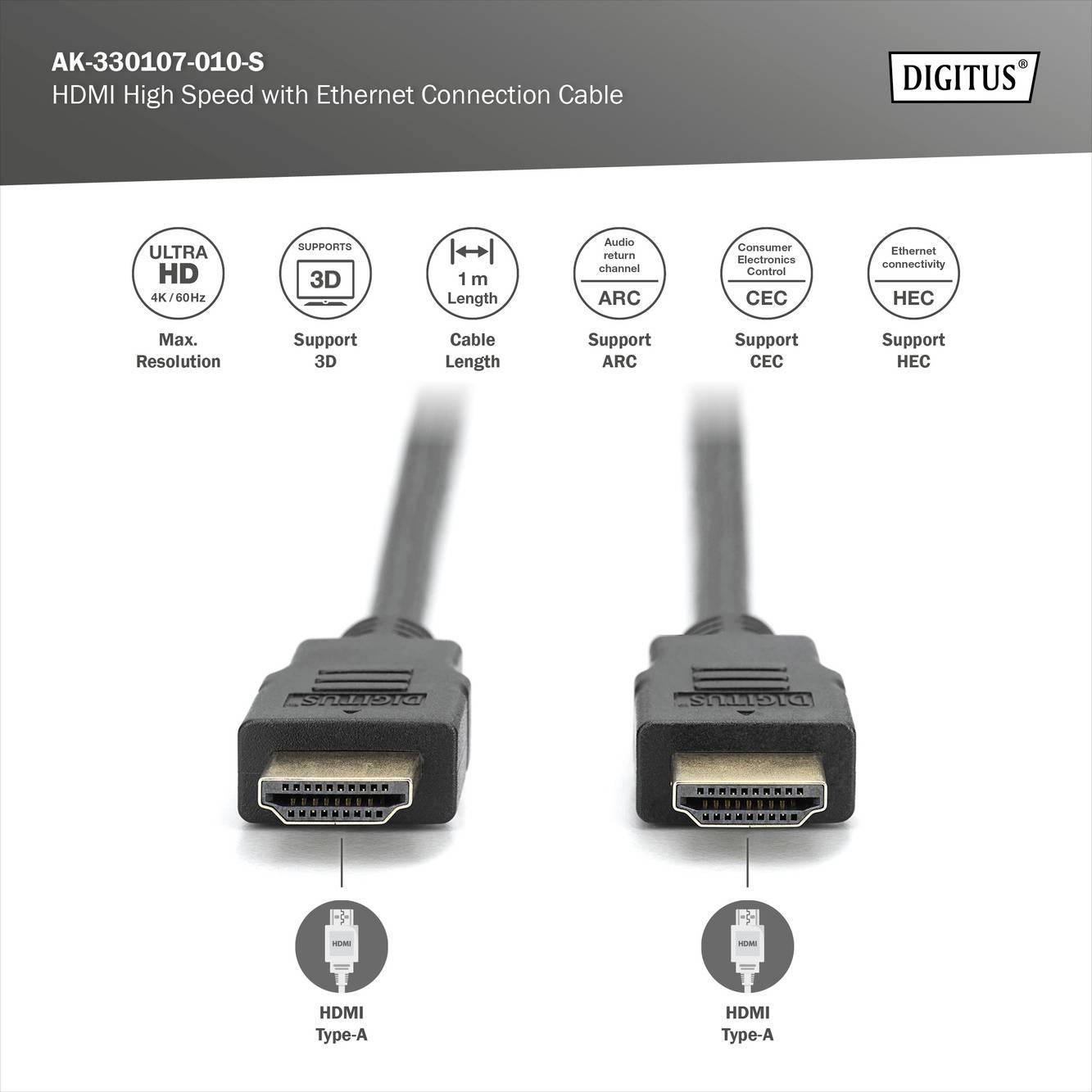 Câble de connexion HDMI Haute Vitesse avec Ethernet, présentant deux fiches HDMI de type A. Fonctions : Ultra HD, support 3D, longueur 1 m.