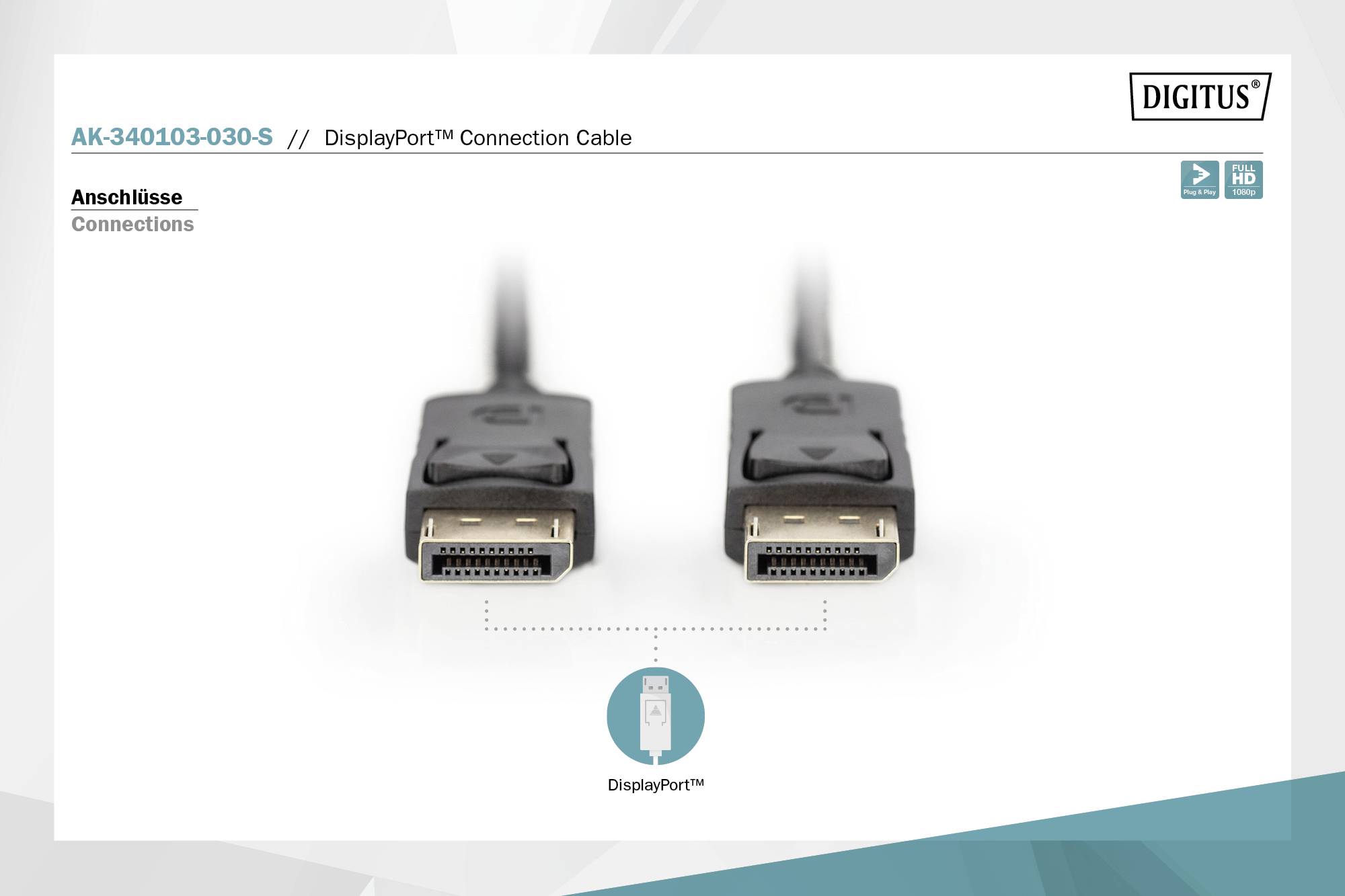 Câble de connexion DisplayPort avec deux ports. Marqué DisplayPort avec un symbole en bas au centre.