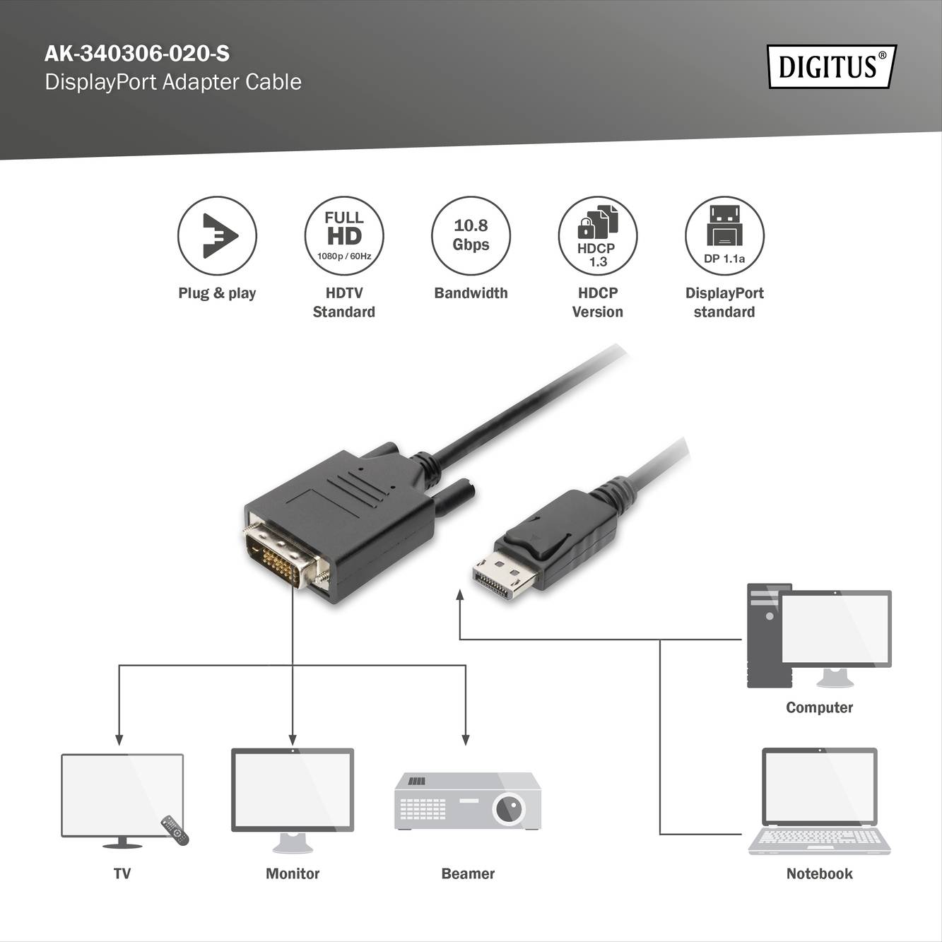 Câble adaptateur DisplayPort vers HDMI de Digitus : Prend en charge la TVHD, le Full HD, le standard HDMI et est compatible avec TV, moniteur, vidéoprojecteur et ordinateur.