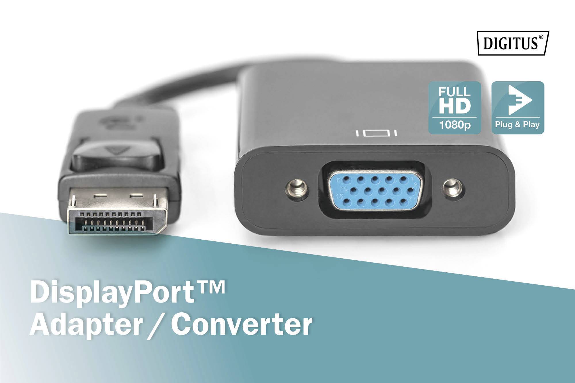 Adaptateur DisplayPort vers VGA de Digitus, prenant en charge Full HD 1080p, Plug & Play. Présente les connecteurs DisplayPort et VGA.