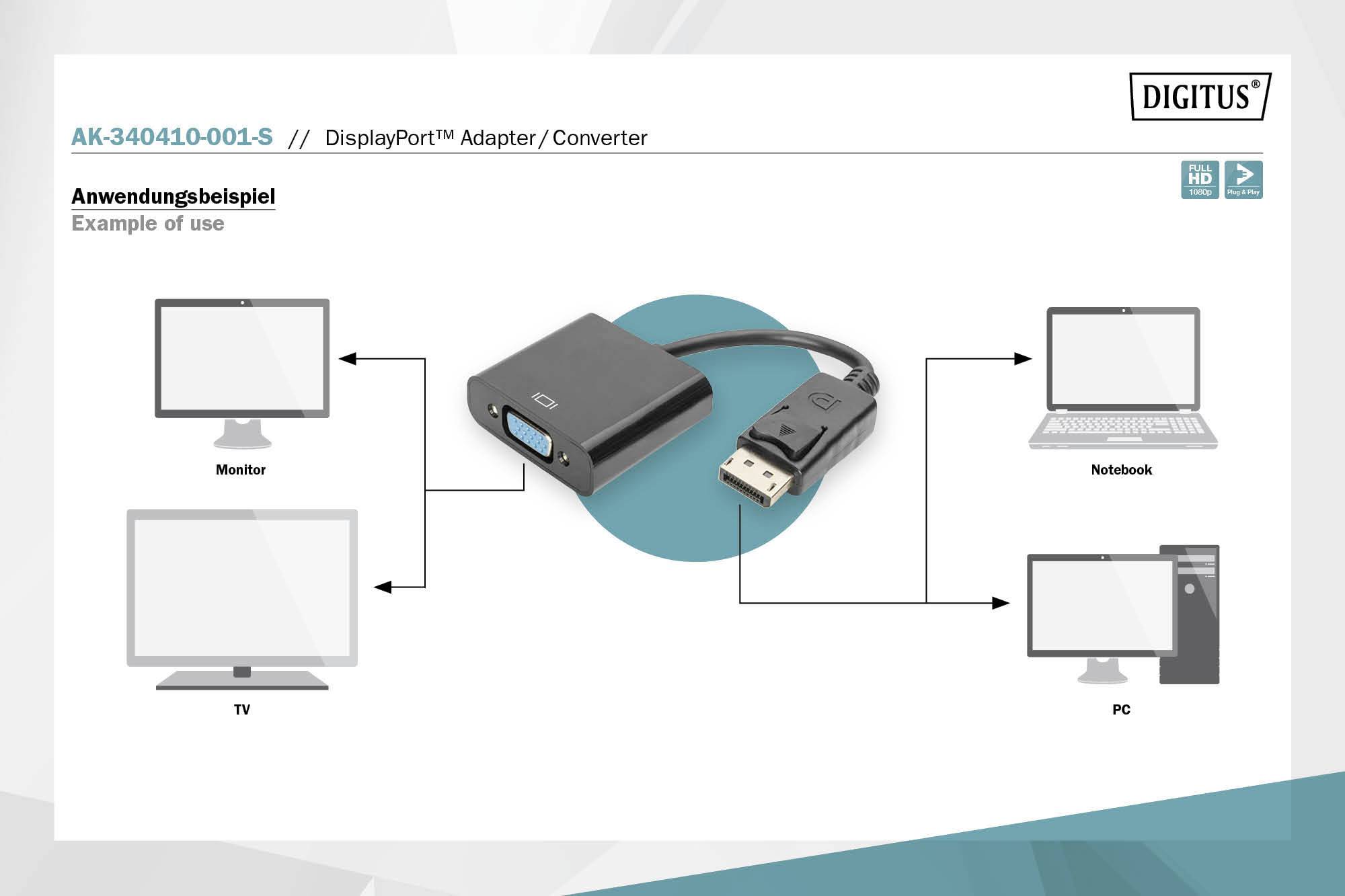 L'adaptateur/convertisseur DisplayPort Digitus relie une sortie DisplayPort à un moniteur, un ordinateur portable, un téléviseur ou un PC. Exemple d'application illustré.