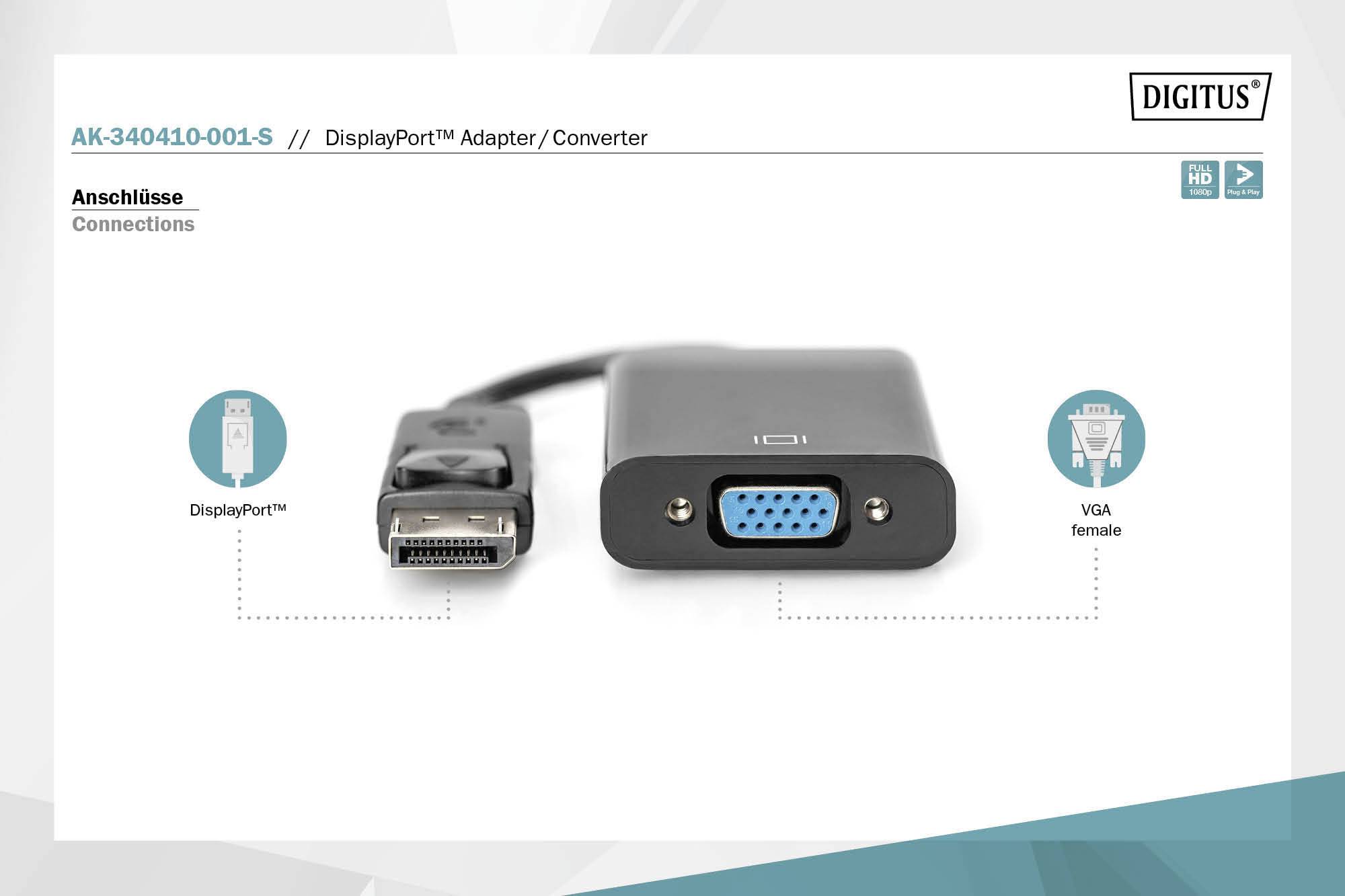 'Adaptateur Digitus DisplayPort vers VGA, connexions : DisplayPort mâle vers VGA femelle.'