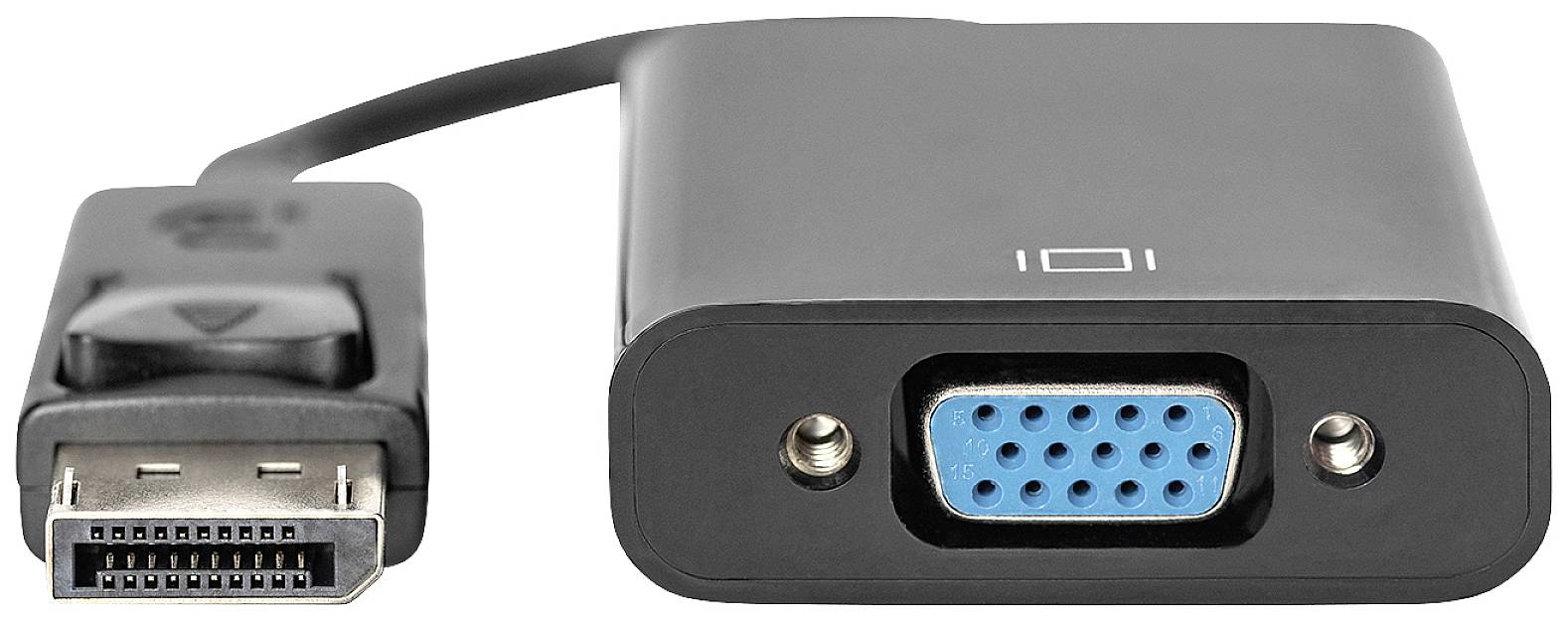 Câble adaptateur VGA vers DisplayPort avec boîtier noir et connecteur VGA bleu.