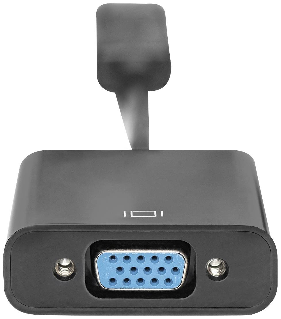 Un adaptateur VGA noir avec un port VGA et un court câble pour se connecter à un appareil.