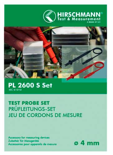 Ensemble de sondes de test pour Hirschmann Test & Measurement PL 2600 S Set, montrant les sondes rouge et noire et la taille de connecteur « 4 mm ».