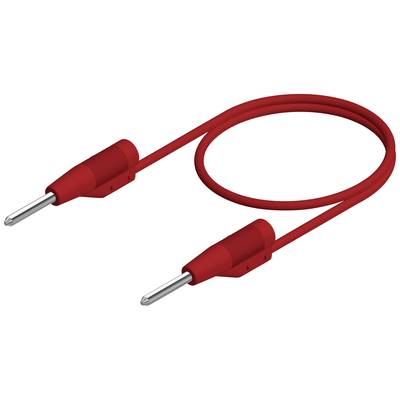 Câble rouge avec deux fiches bananes, utilisé pour les connexions électroniques dans les environnements de laboratoire ou d'atelier.