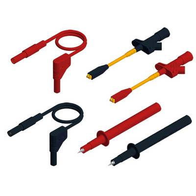 Illustration de six câbles de sondes de test isolés en rouge, noir et jaune, présentés comme des connecteurs de câble avec des pointes de sonde pointues sur un fond blanc.