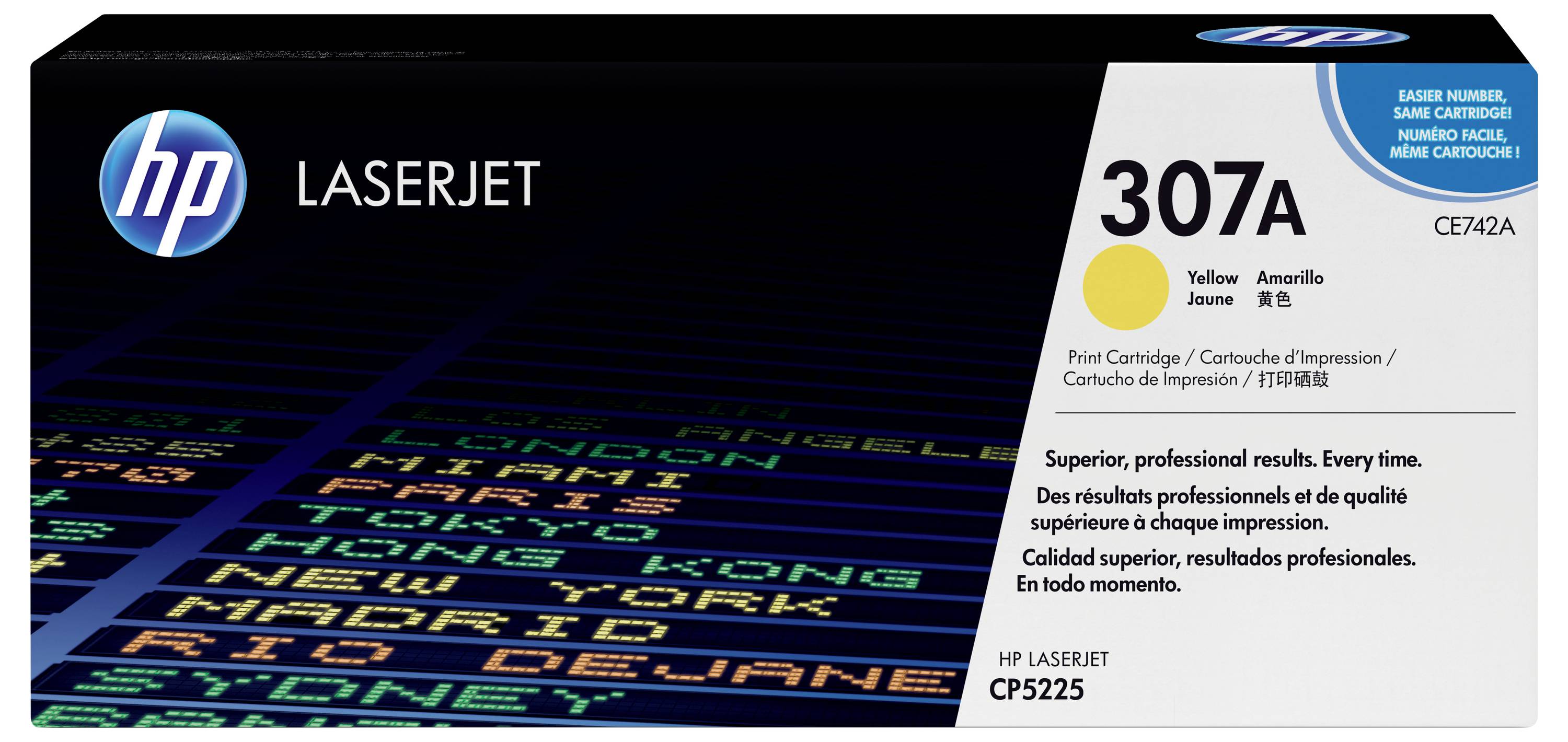 Boîte de cartouche de toner HP LaserJet, modèle 307A, jaune, avec code produit CE742A et compatibilité pour les imprimantes HP LaserJet.