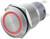 Interrupteur métallique avec un anneau rouge représentant un bouton-poussoir lumineux. Utilisé dans les appareils électroniques pour commander des fonctions.