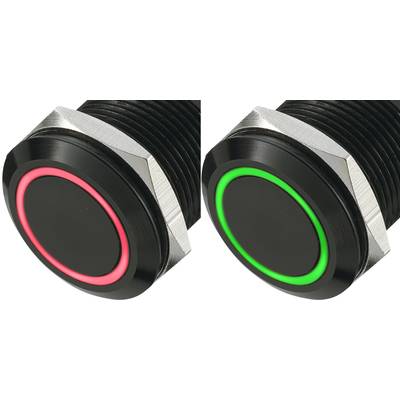 Deux boutons noirs côte à côte : celui de gauche s'illumine en rouge, celui de droite en vert. Fonction d'affichage possible pour les états de fonctionnement.