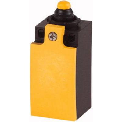 Un boîtier de bouton d'arrêt d'urgence jaune avec un bouton-poussoir noir sur le dessus.