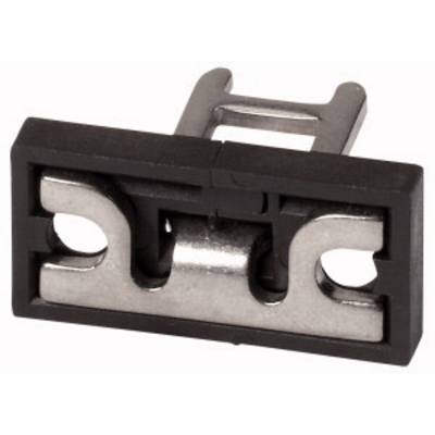 Clip rectangulaire en métal et plastique, pourvu d'ouvertures et de crochets pour la fixation. Utilisé principalement dans des applications industrielles.