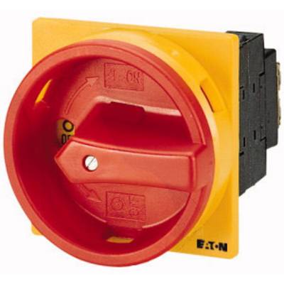 Un bouton d'arrêt d'urgence rouge sur un boîtier jaune, fabriqué par Eaton. Il sert à l'arrêt des machines.