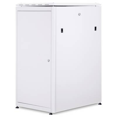 Un armoire métallique blanche fermée, dotée de fentes de ventilation en haut et de pieds réglables. Idéale pour le rangement sécurisé des appareils.