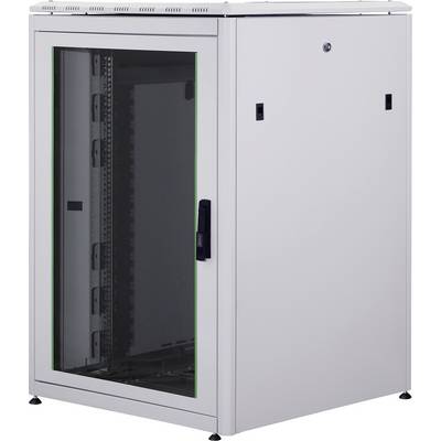 Sur un rack serveur blanc à porte vitrée, des supports métalliques pour les équipements sont visibles.