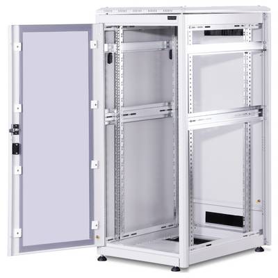 Un rack serveur métallique vide ouvert, avec une porte avant transparente et plusieurs compartiments prévus pour l'installation d'équipements.