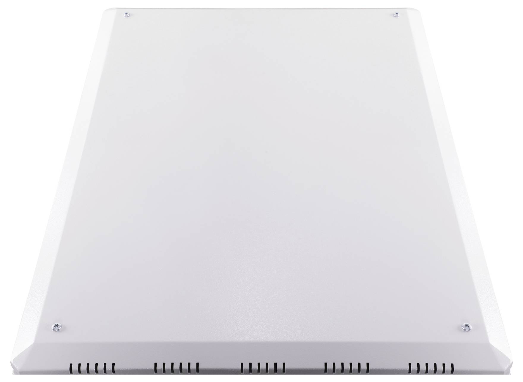 Une boîte blanche rectangulaire aux coins arrondis, avec de petites fentes de ventilation sur le bord inférieur.