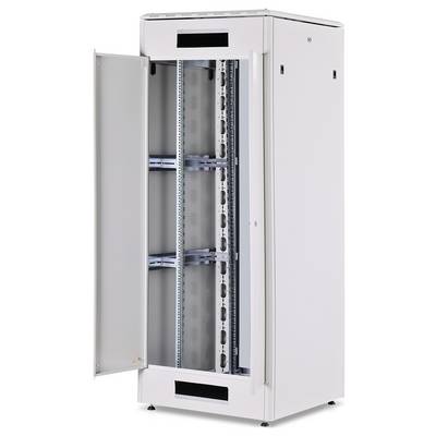 Une armoire de rack serveur ouverte et vide, blanche, avec la porte ouverte. Contient des rails de montage pour équipements serveur et réseau.