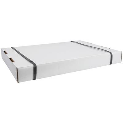 Matelas blanc emballé dans un carton rectangulaire, sécurisé par deux sangles en plastique noir.
